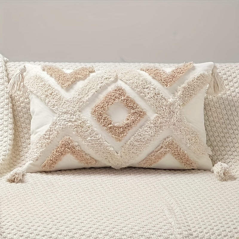 Beige Tufted Pillow Cover with Tassels and Geometric Pattern for Couch or Bed