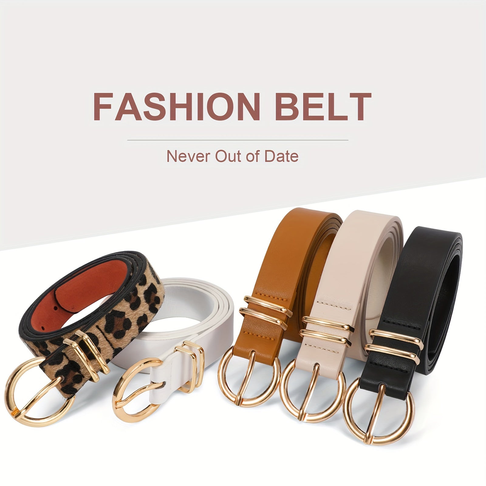 Women's Leather Belt for Jeans and Pants with Golden Buckle Solid Color Simple Design