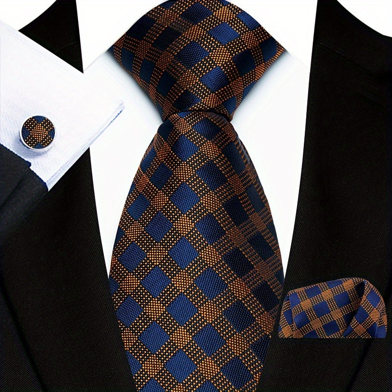 Men's Business Tie, Handkerchief, Cufflinks Set in Plaid and Stripe Designs