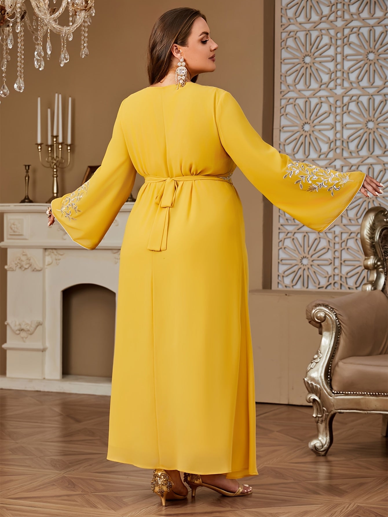 Plus Size Embroidered Kaftan Dress Navy Blue Golden Floral Formal Evening Gown