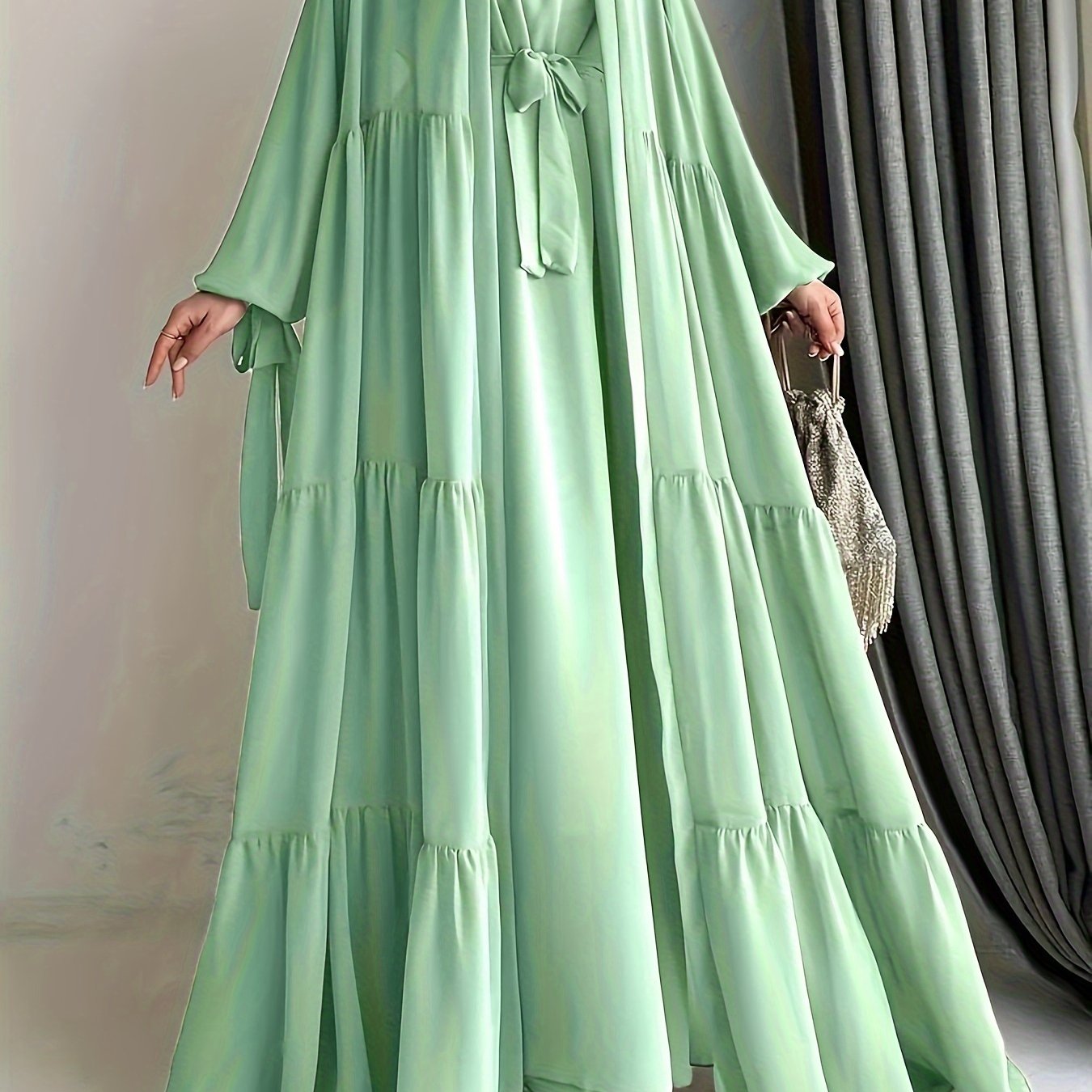 Chiffon Abaya with Lantern Sleeves Belt Ruffle Asymmetrical Hem for All Seasons