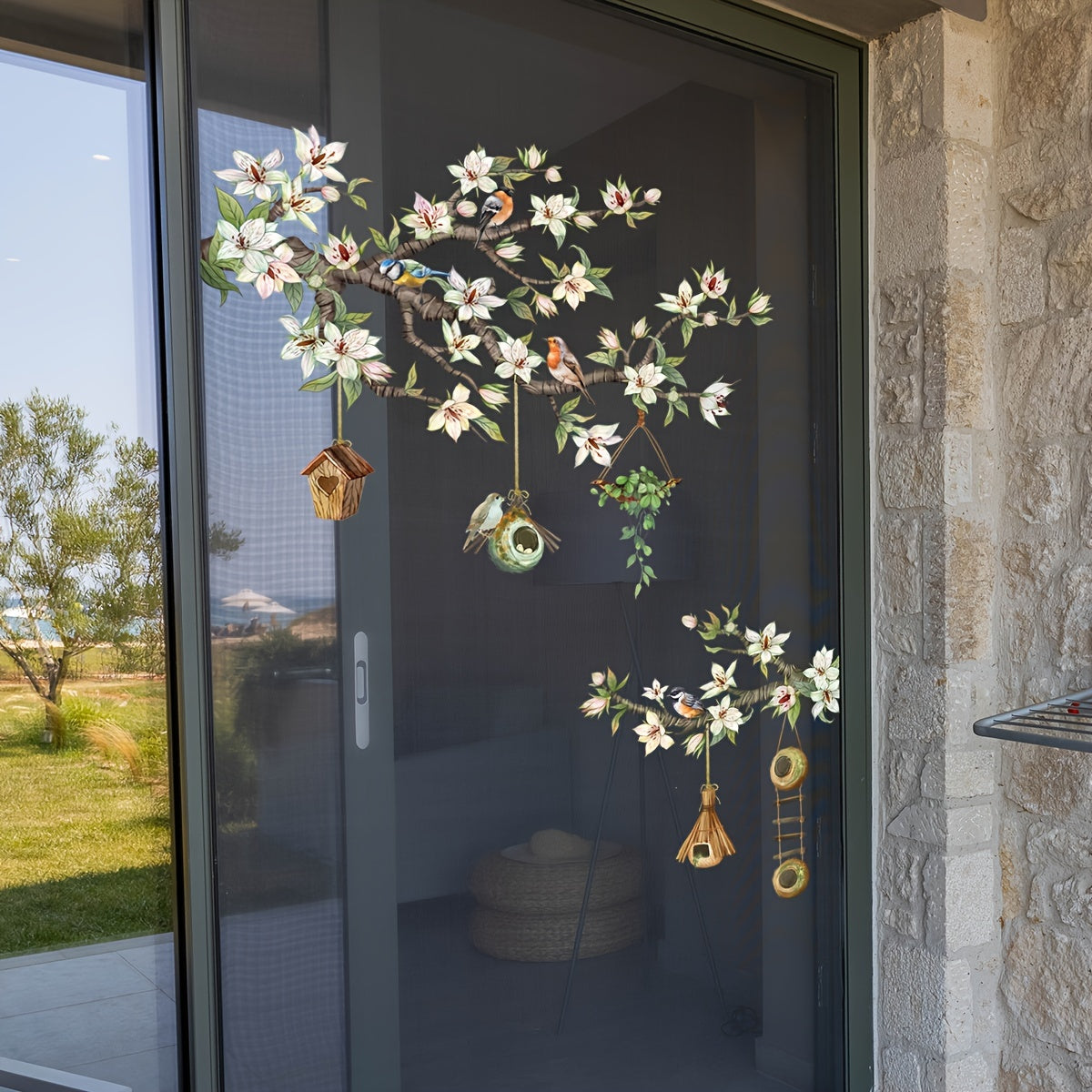 Double-Sided Glass Window Decal Wall Sticker with Bird and Floral Design