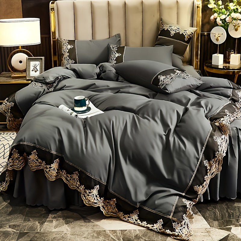 Luxury Polyester Duvet Cover Set with Golden Lace Accents, Solid Color, Zipper Closure