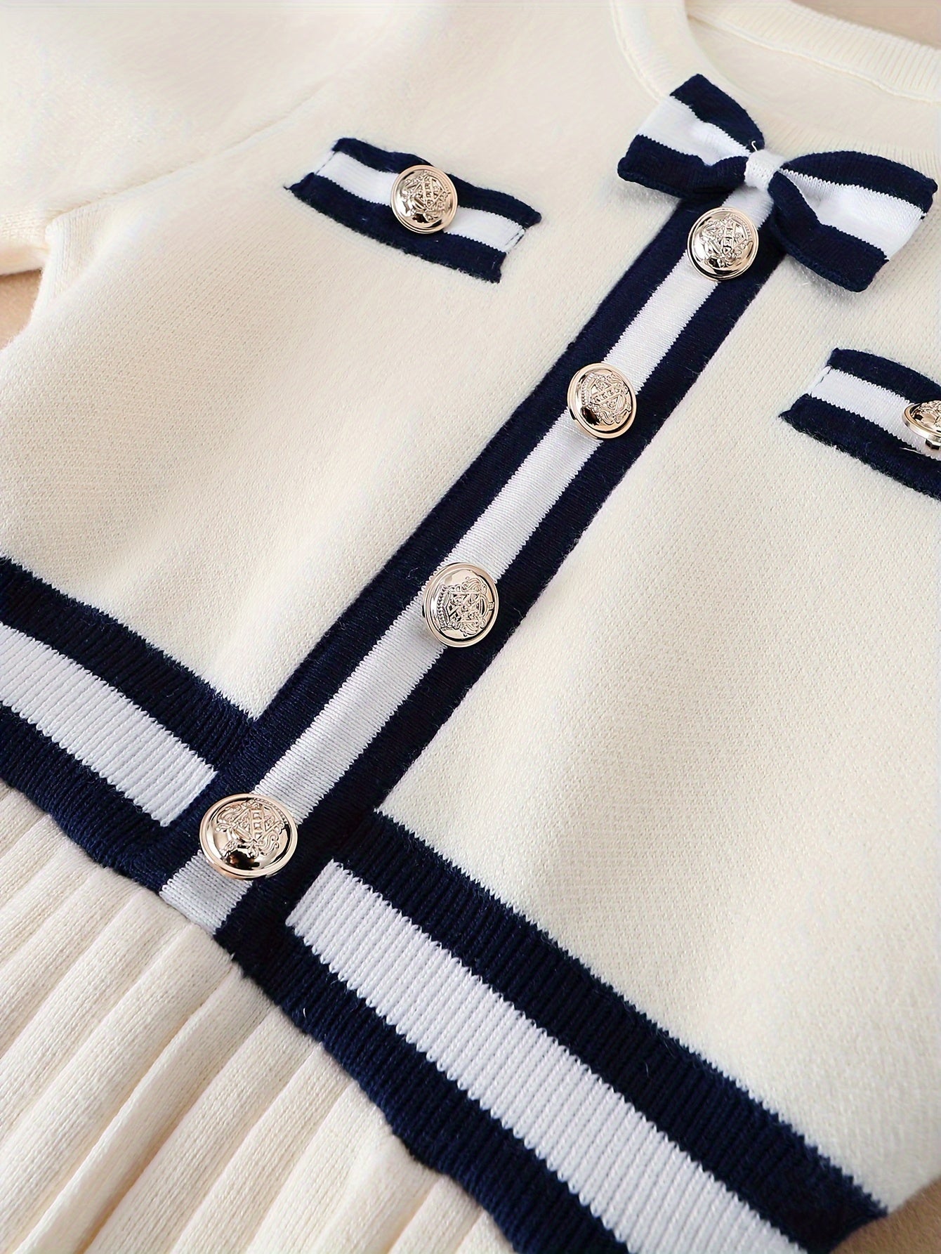 Girls' Long Sleeve Pleated A-Line Dress with Navy Accents Cotton Nylon for Spring Fall