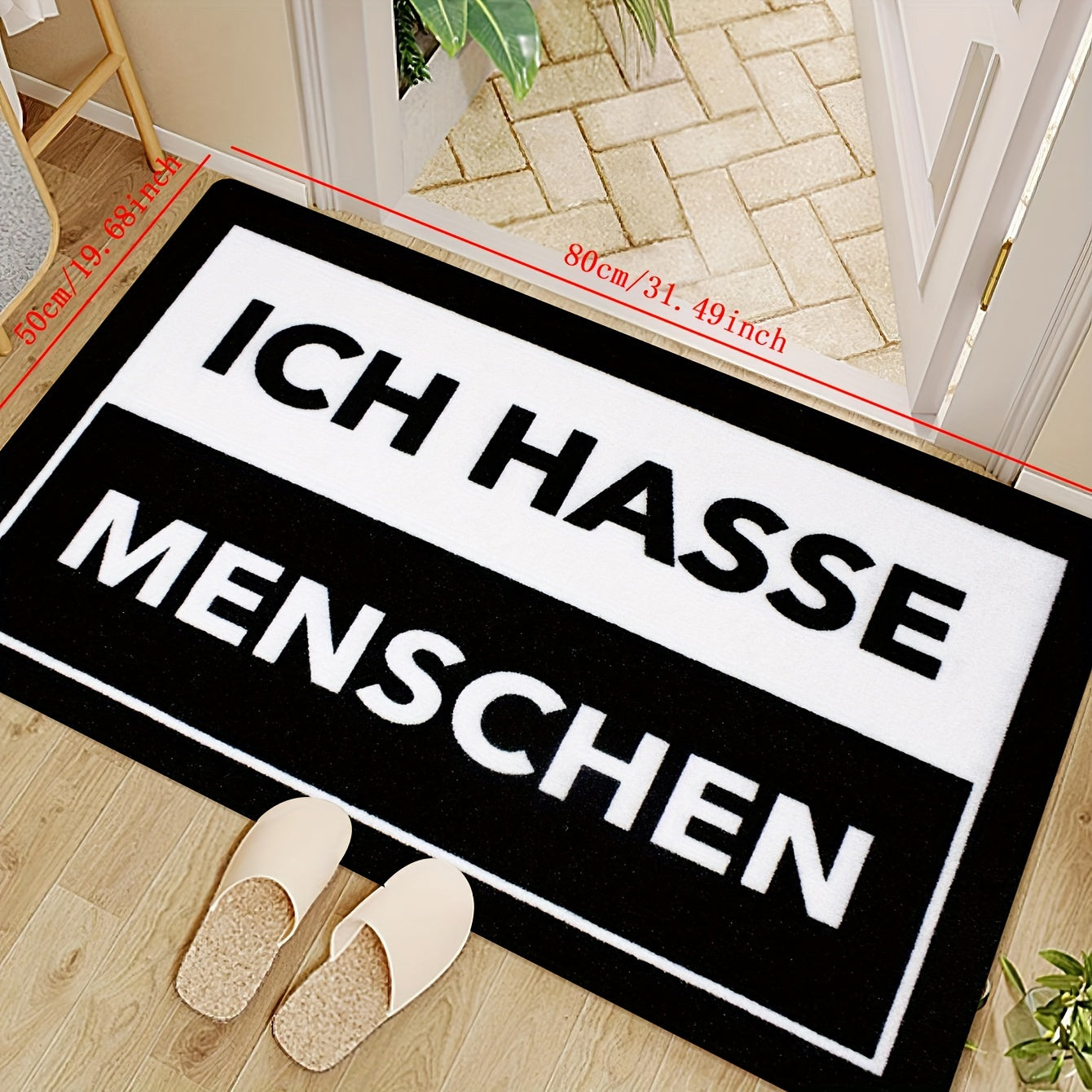 Anti-Stain Polyester Doormat with "ICH HASSE MENSCHEN" Design, Machine Washable, Indoor Entrance Rug