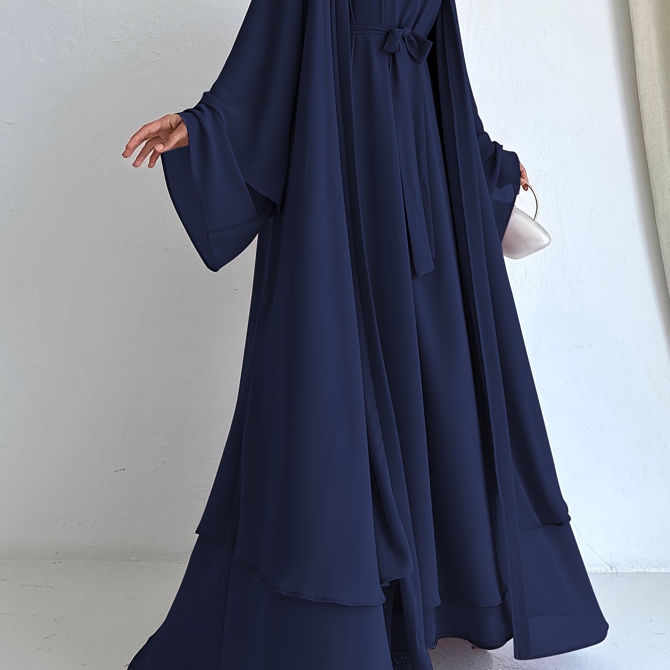 Women's Navy Blue Chiffon Dress with Waist Belt for All Seasons