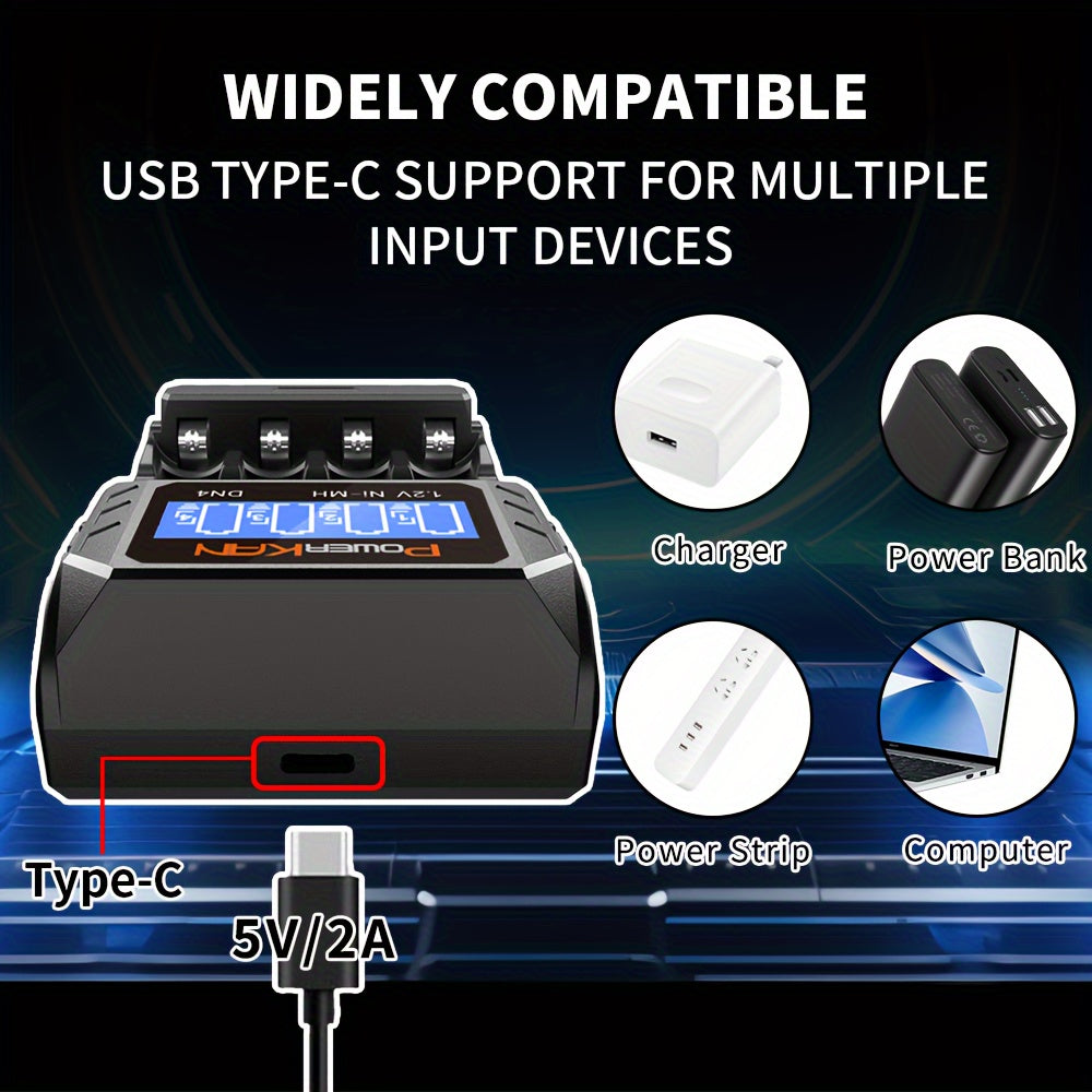 4-uyali USB Type-C Batareya zaryadlagichi AA AAA Ni-MH Ni-Cd batareyalari uchun LCD displey bilan