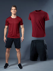 Men's Summer Fitness Set White T-Shirt Black Shorts Lightweight Quick-Dry Breathable Polyester Sportswear