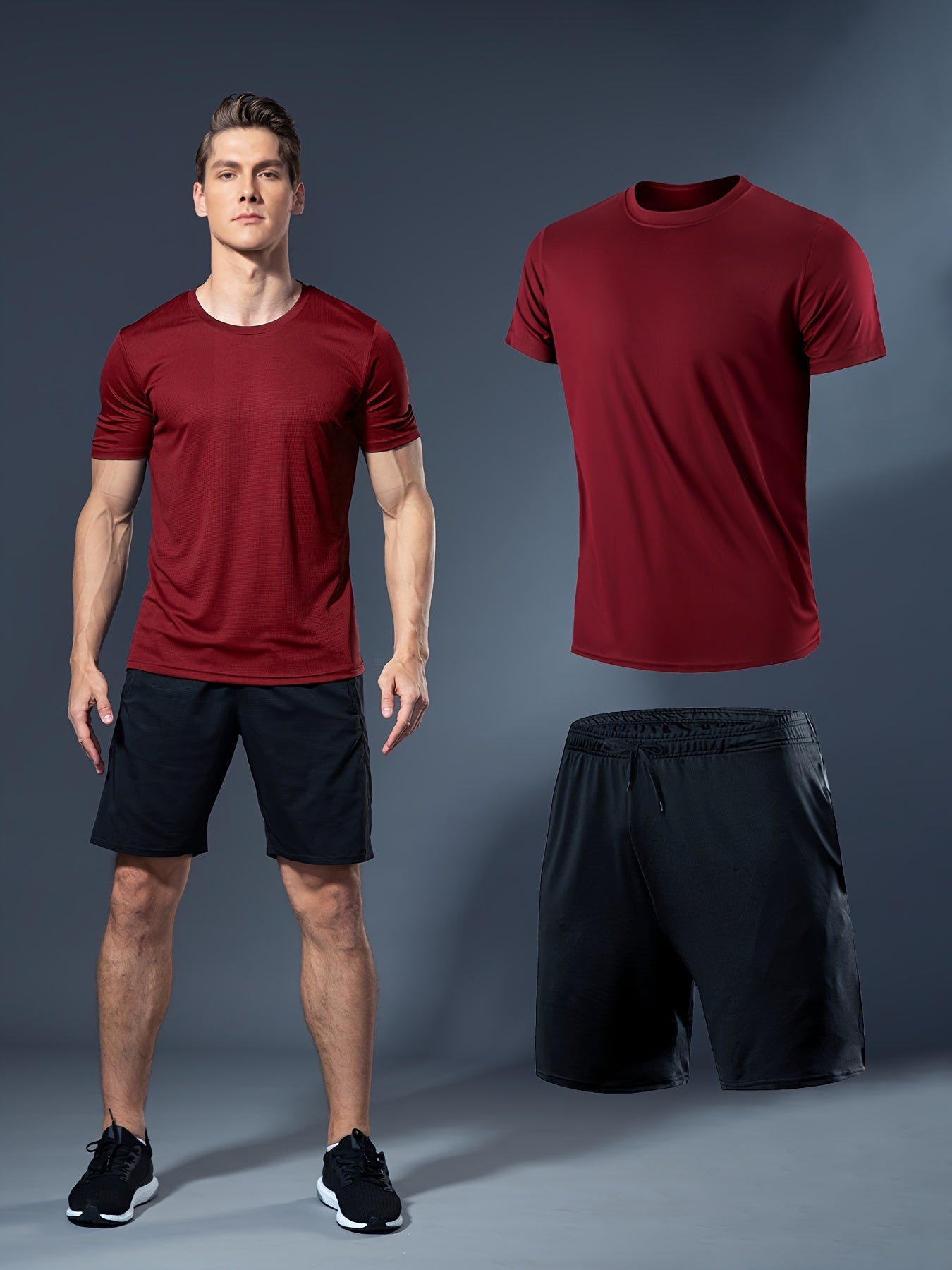 Men's Summer Fitness Set White T-Shirt Black Shorts Lightweight Quick-Dry Breathable Polyester Sportswear