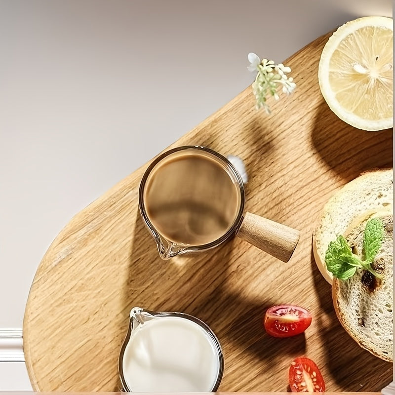 Yaratuvchi Shisha Sut Qozonchasi, Yog'och Tutqichi bilan, Qahva Ta'mini O'lchash uchun Isiga Qarshi O'lchov Stakan, Shisha Ziravor Qozonchasi, O'lchov Belgilari bilan, 1 Dona