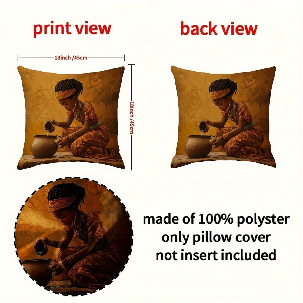 Set of Four African Girl Theme Pillow Covers Polyester Double-Sided Zipper Decorative Sofa Bed Festive