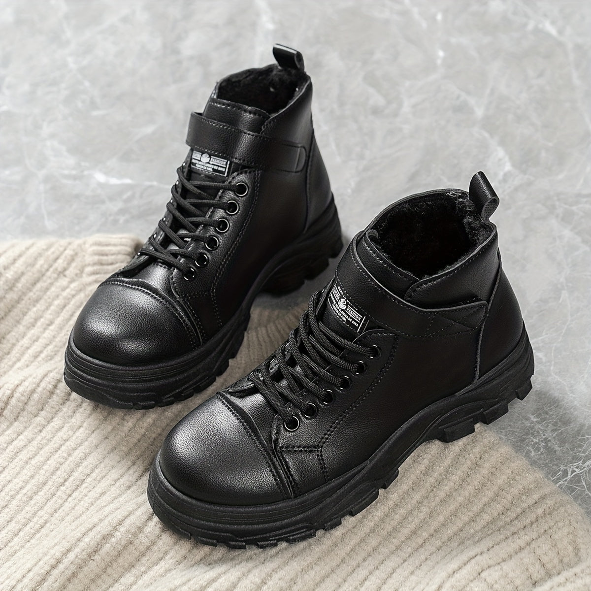 Women's Plush-Lined Winter Ankle Boots with Rubber Sole and Adjustable Straps