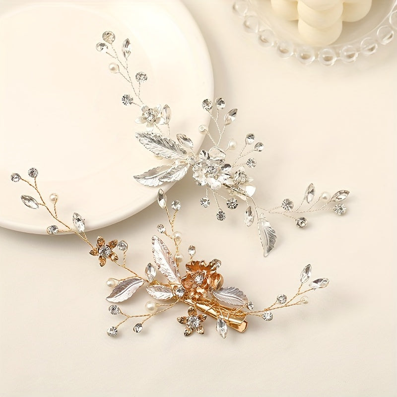 Floral Leaf Hair Clip with Faux Pearls and Rhinestones for Bridal and Party