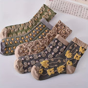 Women’s Ethnic Style Mid-Calf Socks 5 Pairs Embossed Pattern Breathable Comfortable