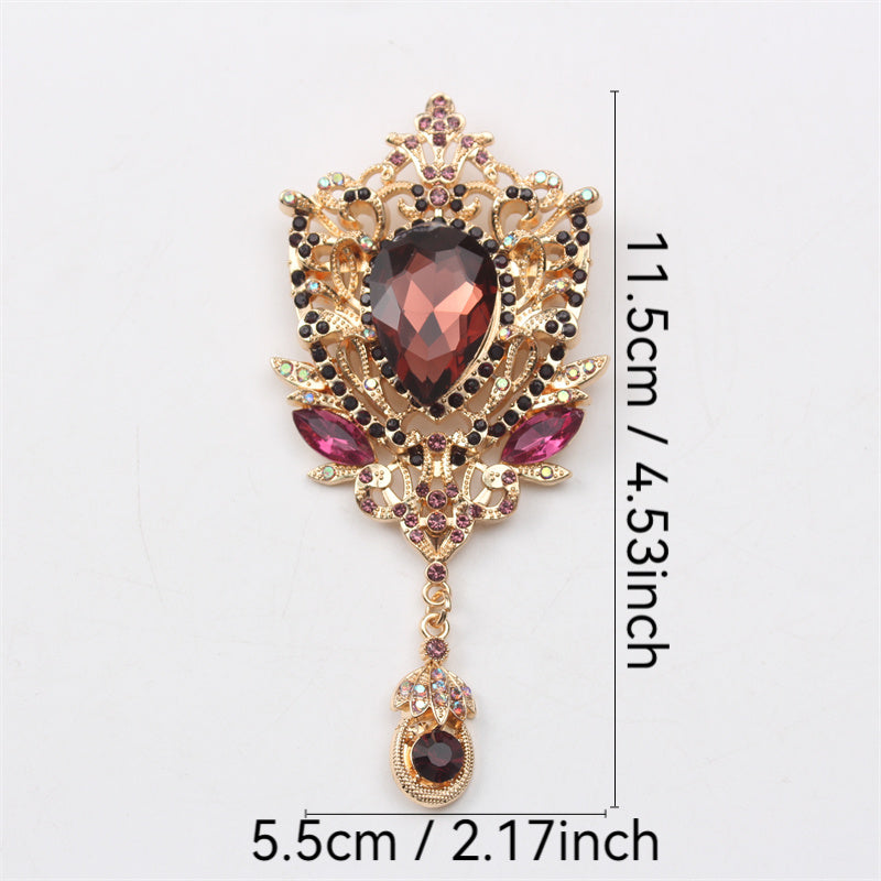 Retro Rhinestone Flower Brooch with Glass Pendant Enamel Corsage Pin for Coats