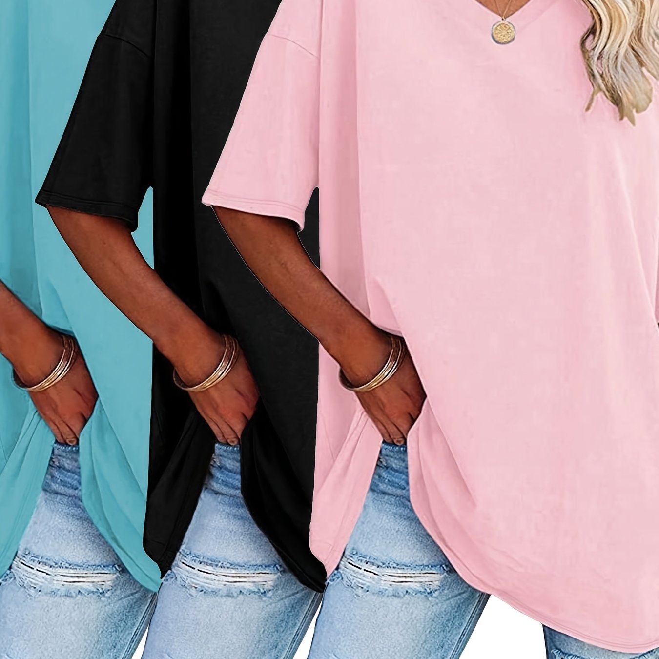 ayollar uchun erkin qisqa qolli V-shakllı kofta to'plami, bahor yoz 3 ta paket