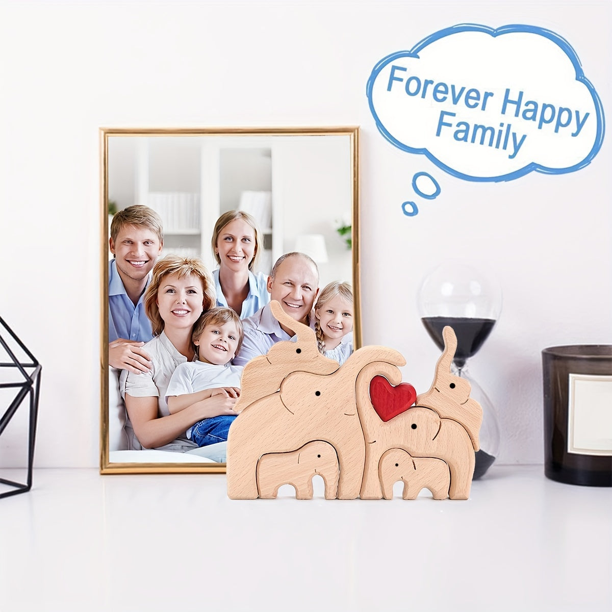 Oila uchun yog'och fil jumboqi, to'y, Rojdestvo, Thanksgiving yoki Sevishganlar kuni sovg'asi uchun mukammal, chiroyli ishlangan stol bezak.