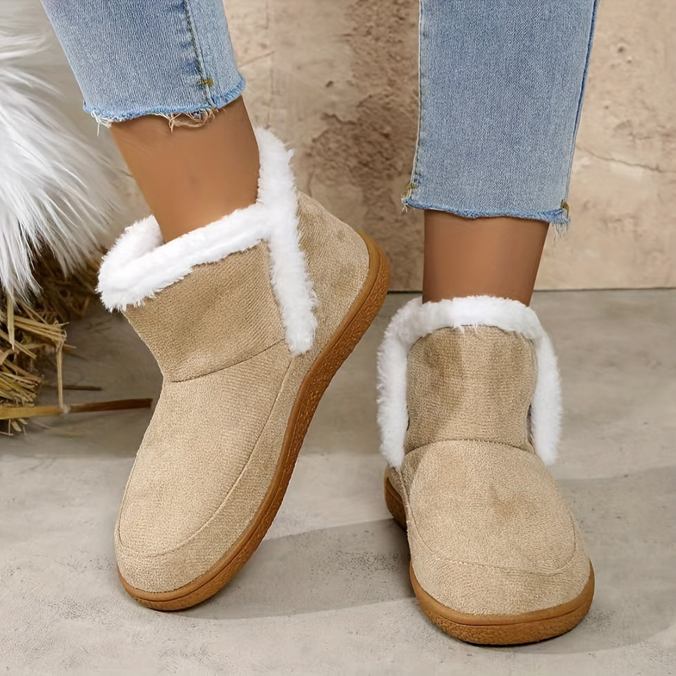 Women's Fleece-Lined Ankle Boots Casual Slip-On Short Boots Rubber Sole