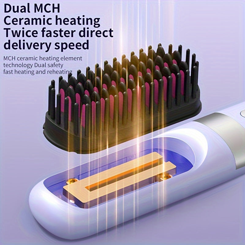 Travel-size cordless hair straightener brush for women fast heating USB rechargeable