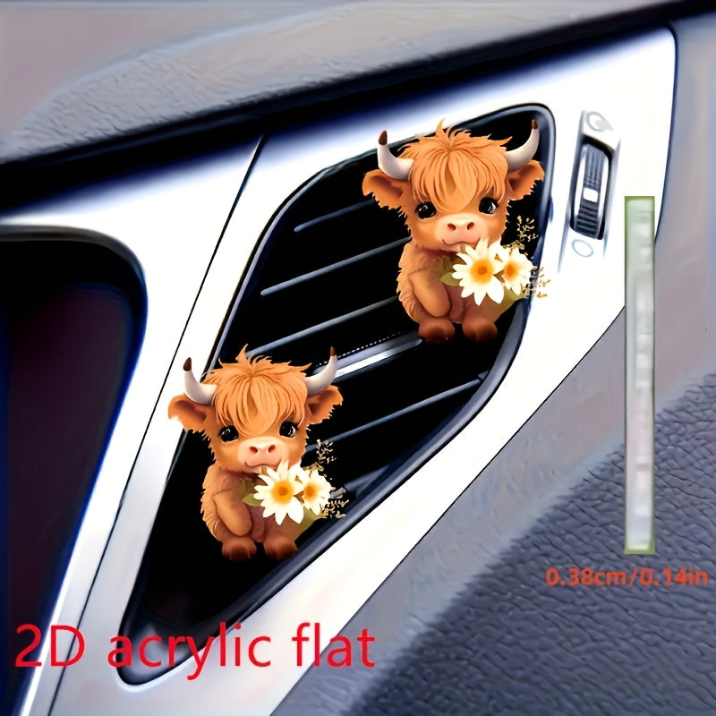 Cute Highland Cow Car Air Freshener Acrylic Fragrance Diffuser with Flowers