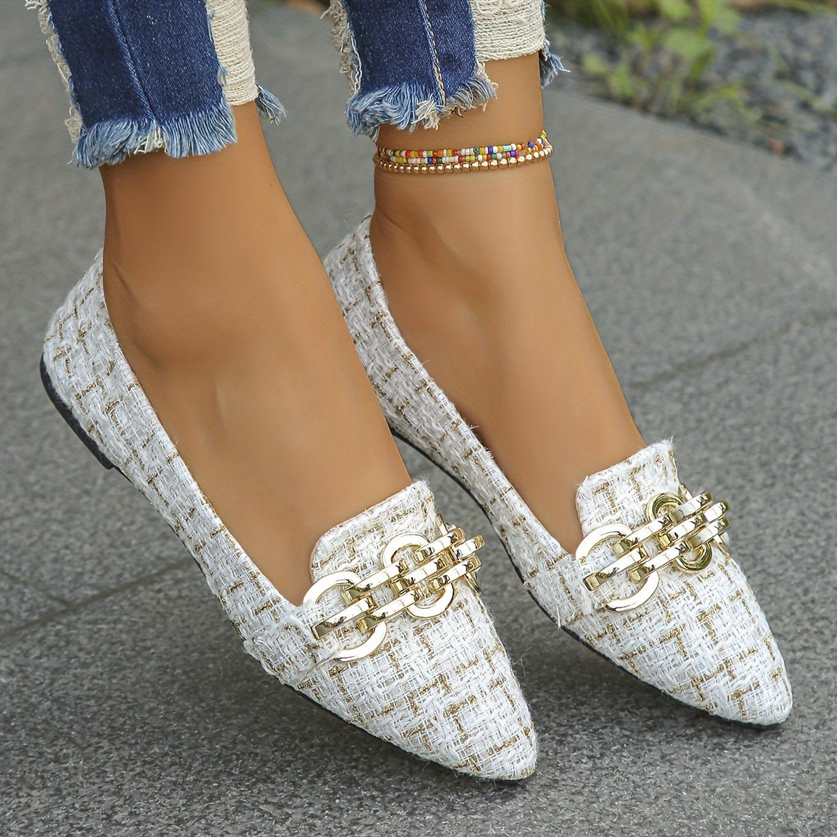 Women's Faux Leather Slip-On Flats with Black Metal Chain Pointed Toe