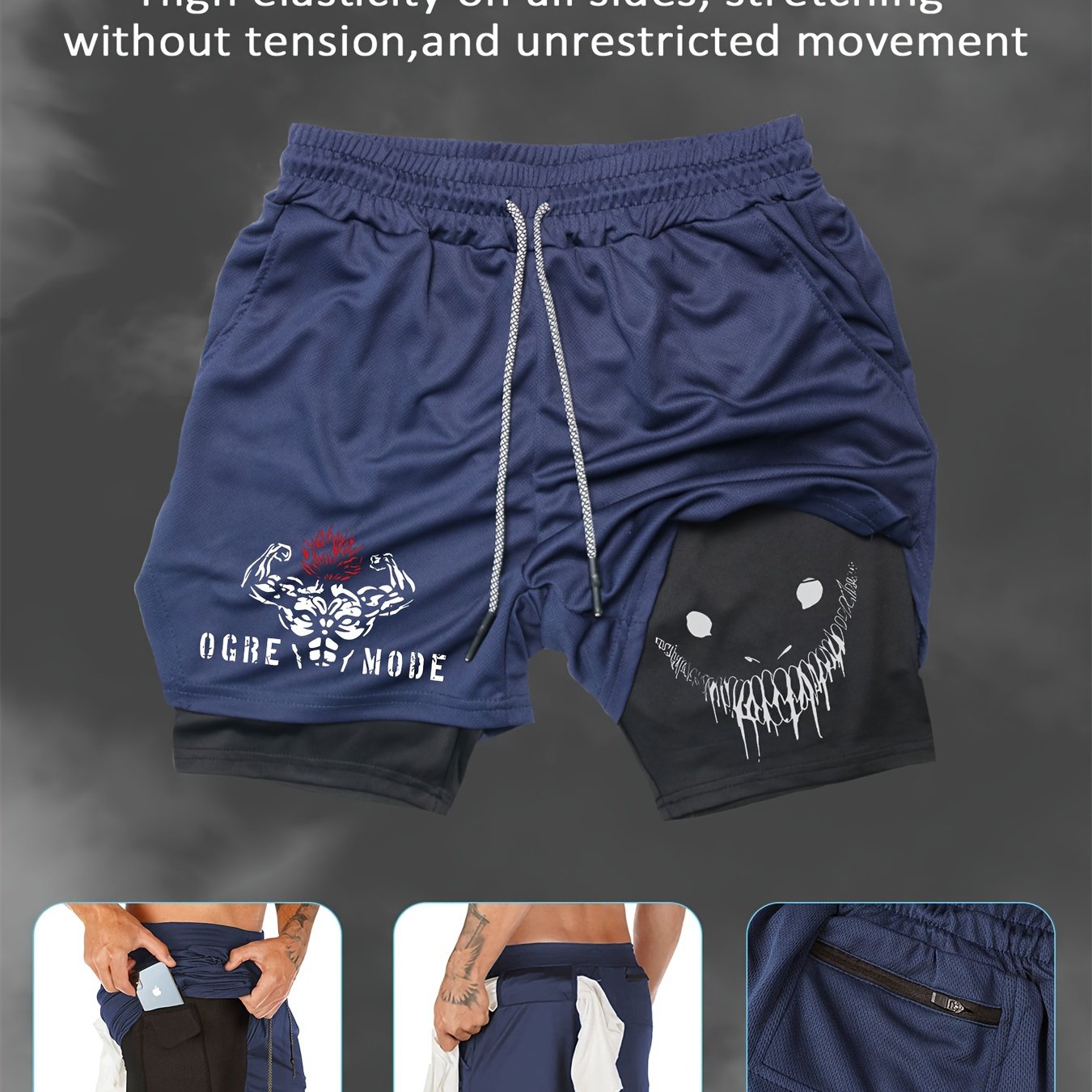 Men's Summer Print Dual-Layer Shorts Breathable Quick-Dry Pockets Casual Sports