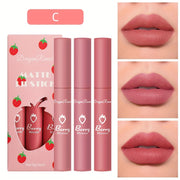 Set de 3 glosses de labios mate de terciopelo para mujer, colores fresa, no pegajoso