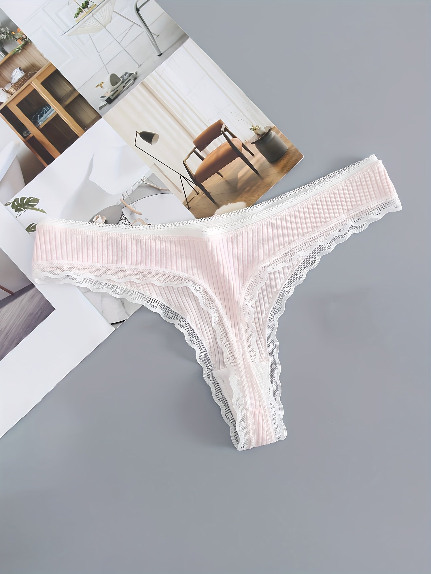 Set of 5 Low Waist Cotton Panties with Lace Trim and Ribbed Design for Women