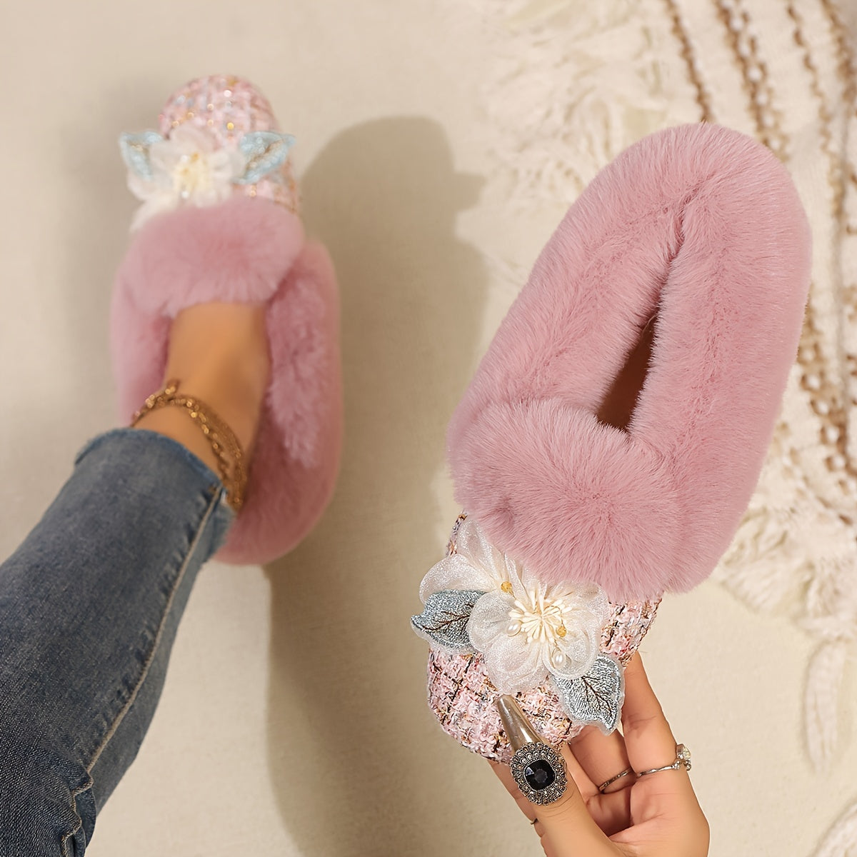 Women's Fleece-Lined Slip-On Flats with Bowknot Square Toe Indoor Outdoor Shoes