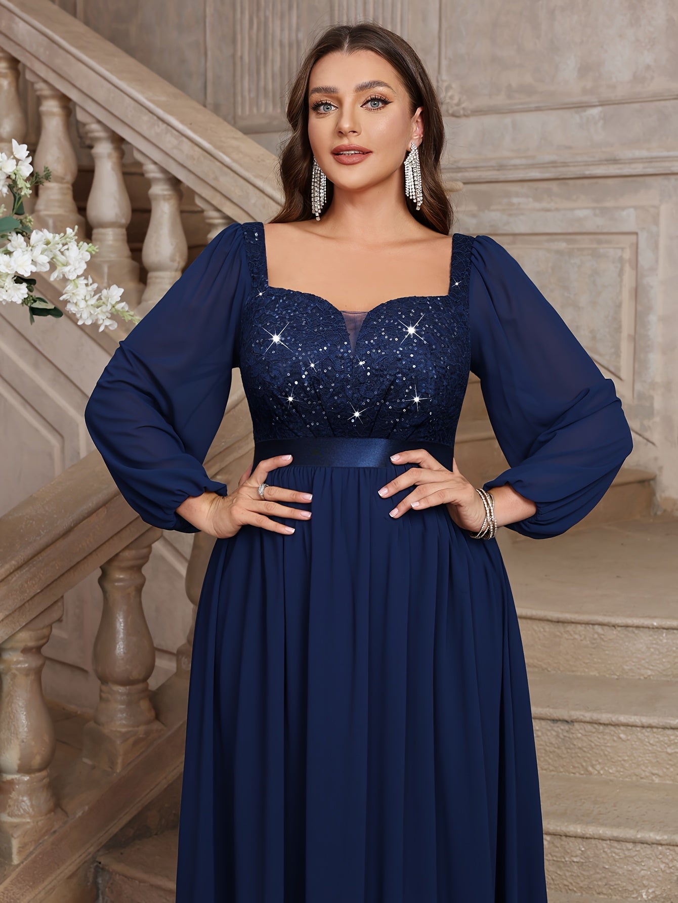 Plus Size Women's Sequin Lace Chiffon Evening Gown with Puff Sleeves