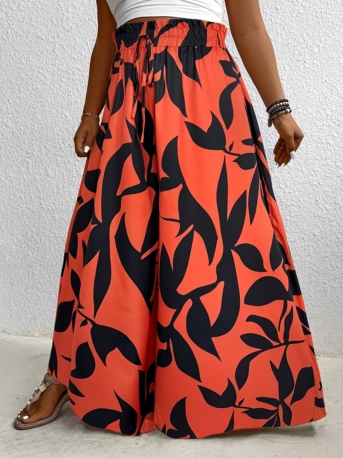 Plus Size Women's Floral Print Culottes with Asymmetrical Wide Leg and Drawstring