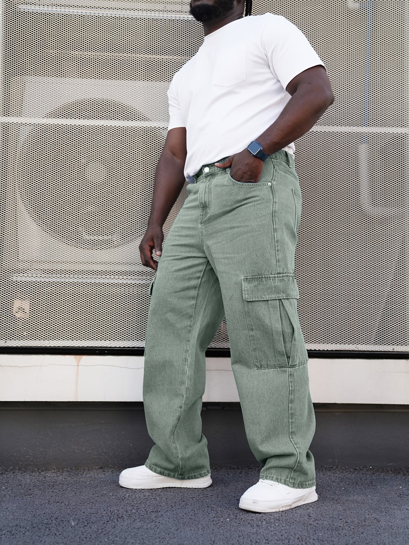 Erkaklar uchun Plus Hajm Cargo Jinslar, erkin fit, ko'p cho'ntakli, to'qilgan mato, barcha mavsum uchun