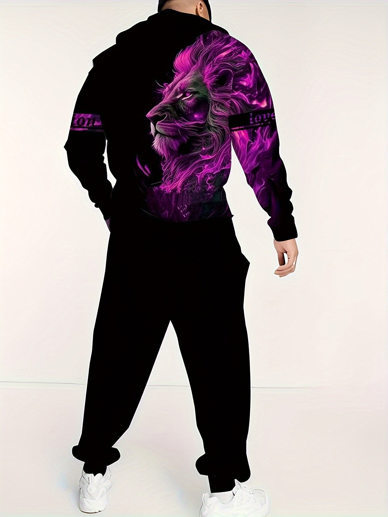Plus Size Men's Hoodie and Sweatpants Set with Glow Lion Print for Fall Winter