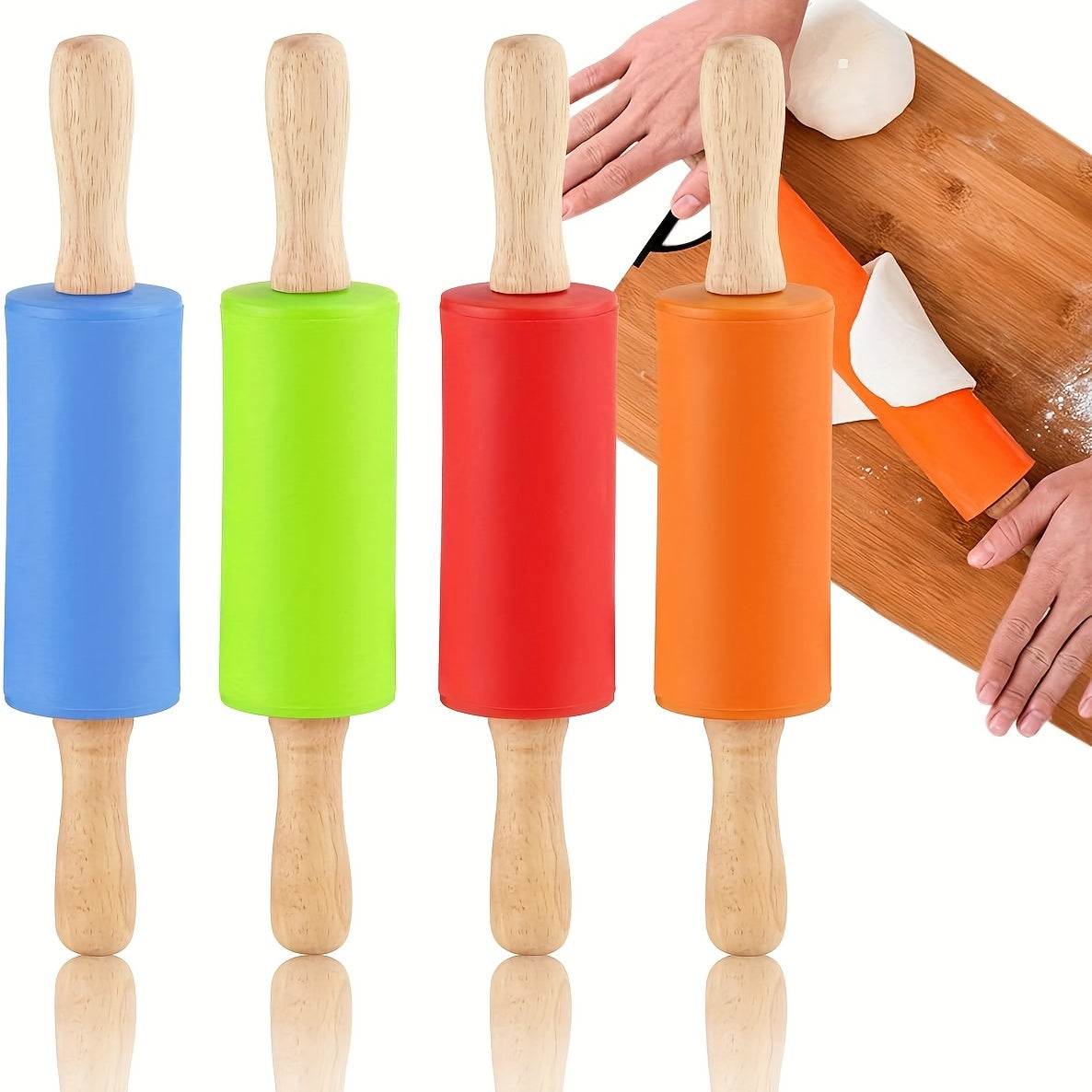 Small Kids Rolling Pin with Wooden Handle and Non-Stick Silicone Dough Roller
