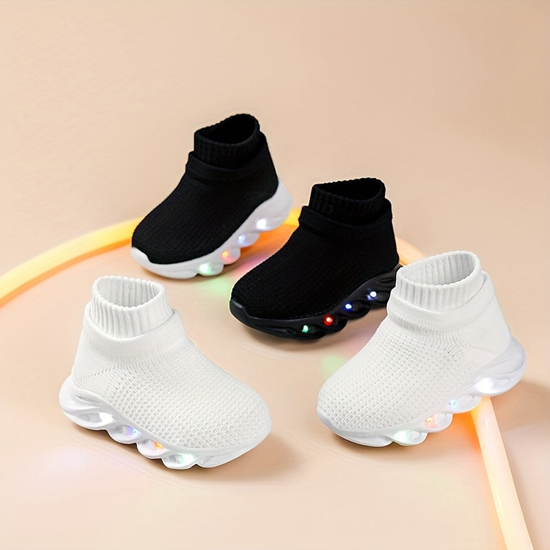 Toddler Light-Up Sneakers Breathable Knit Fabric Non-Slip EVA Sole Casual Outdoor Shoes