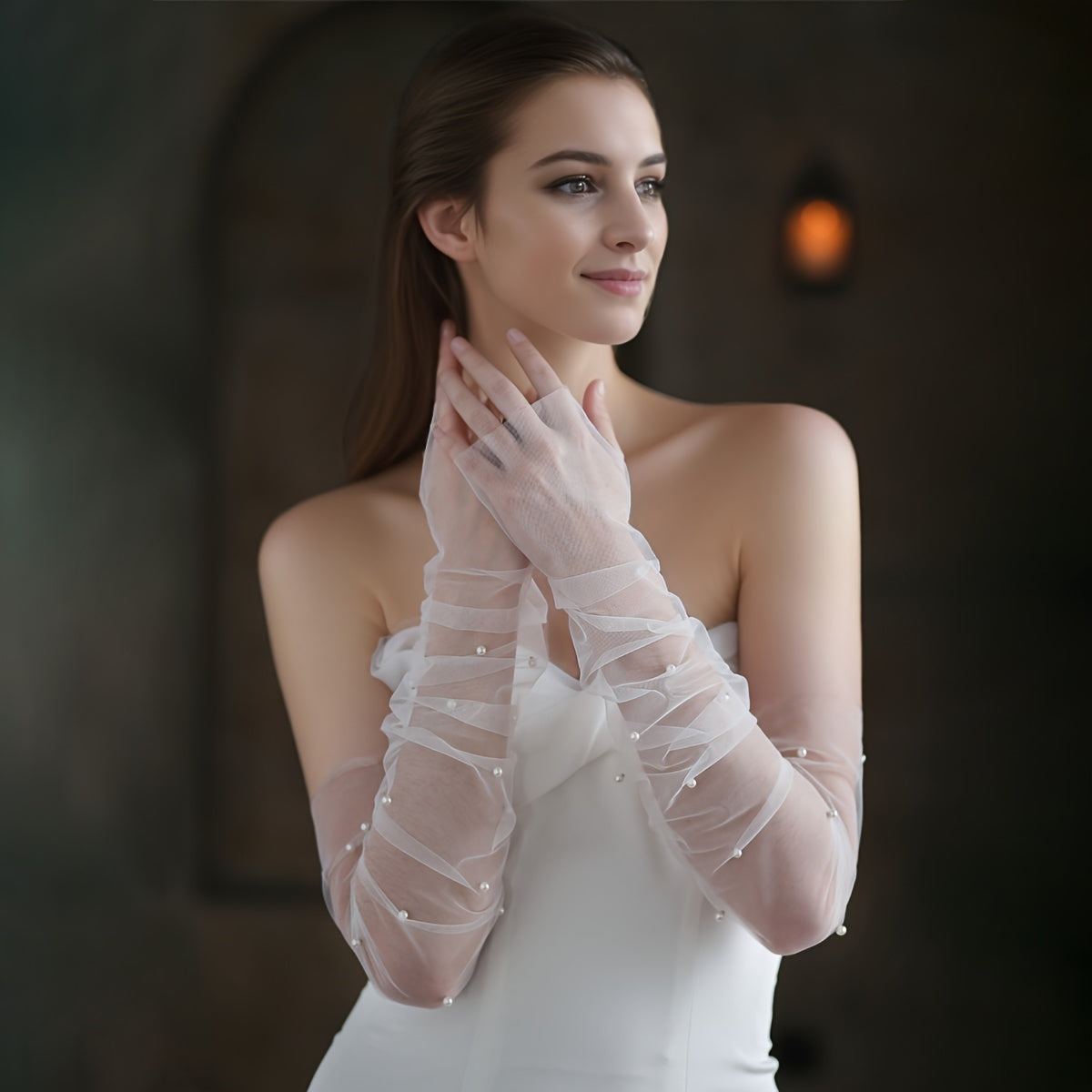 Pearl Net Sleeve Covers for Weddings and Parties Long Gloves for Bridal Photography