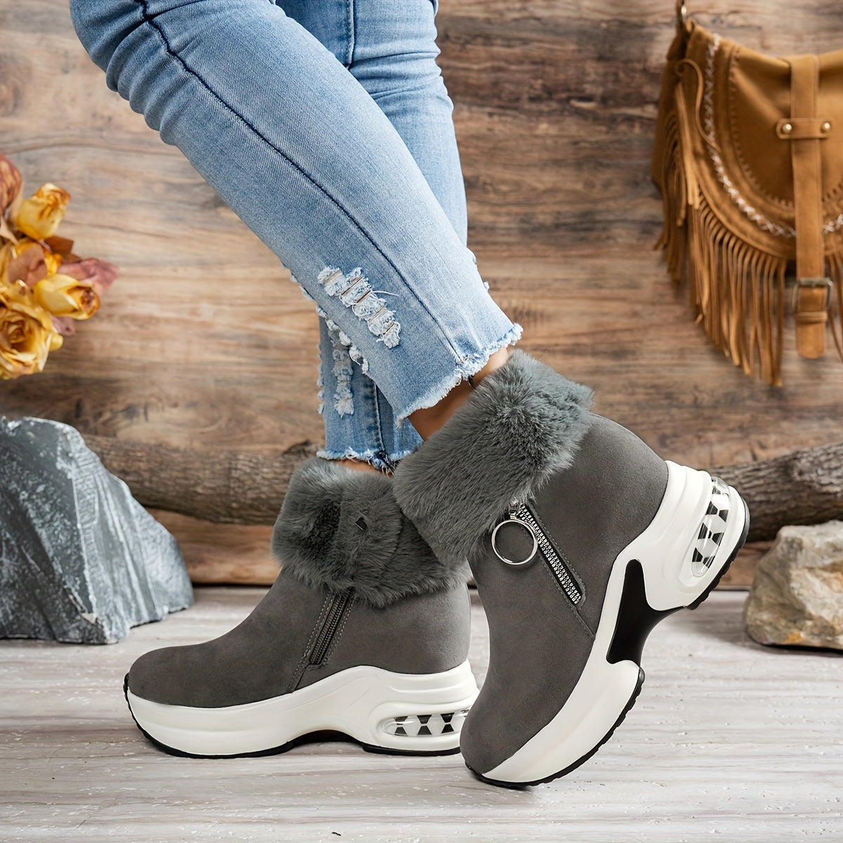 Women's Winter Plush-Lined Platform Ankle Boots with Thick Sole