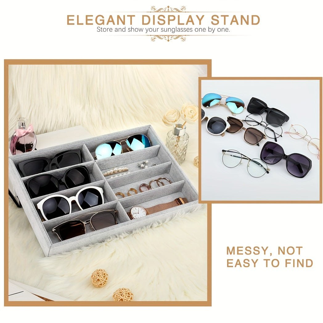Gray Glasses Organizer Jewelry Storage Tray with 8 Grids and Stackable Design