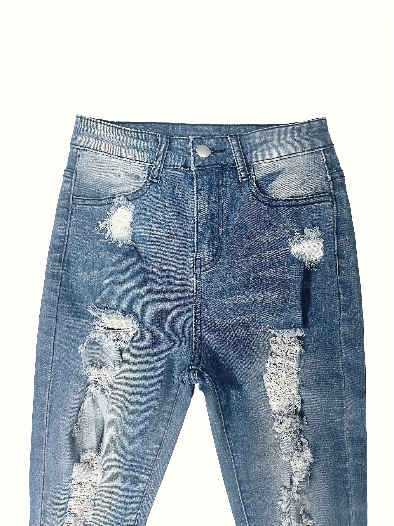 Женские узкие рваные джинсы с низкой посадкой и высокой эластичностью из однотонного денима