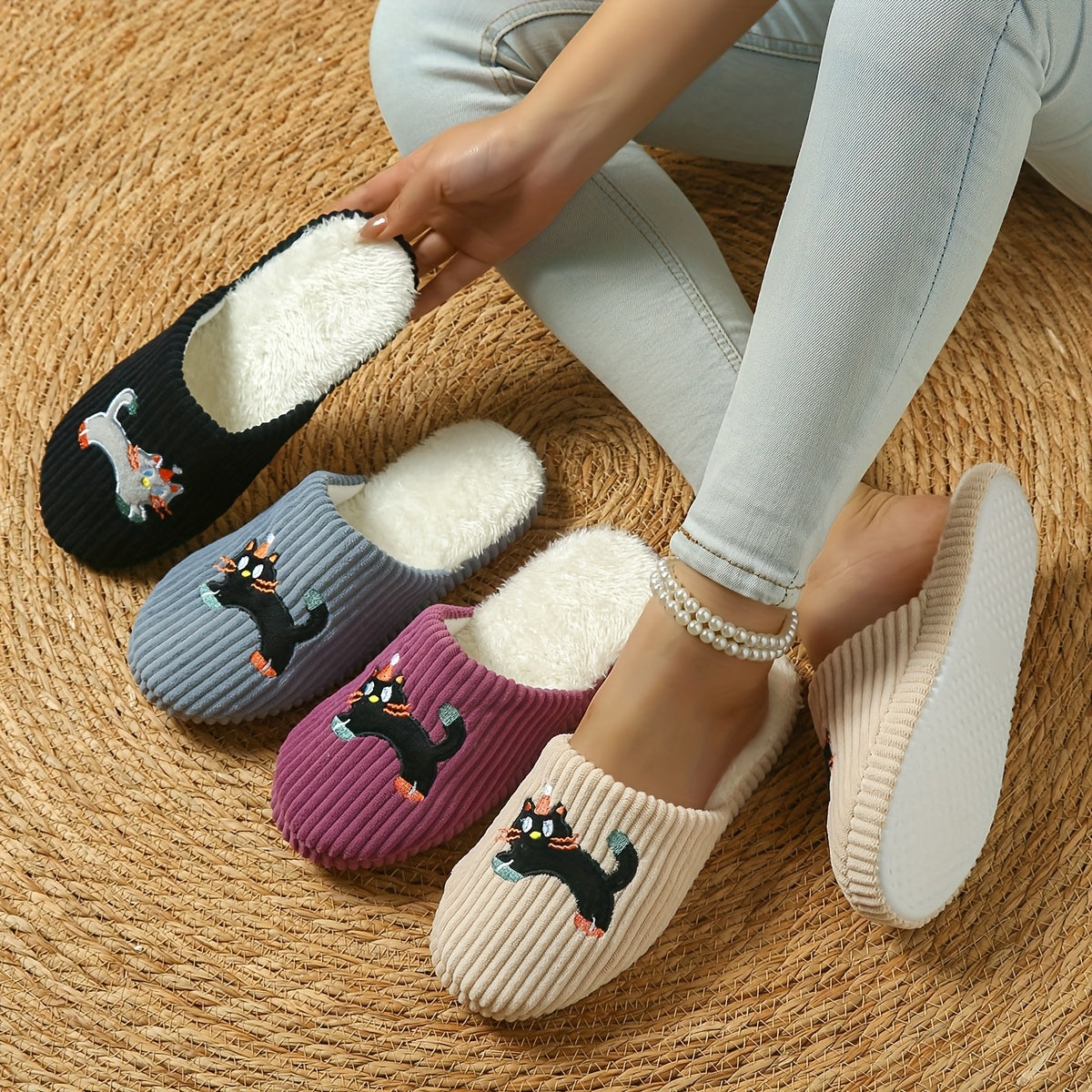 Unisex Soft Fabric Cat Slip-On Slippers Indoor House Shoes All-Season