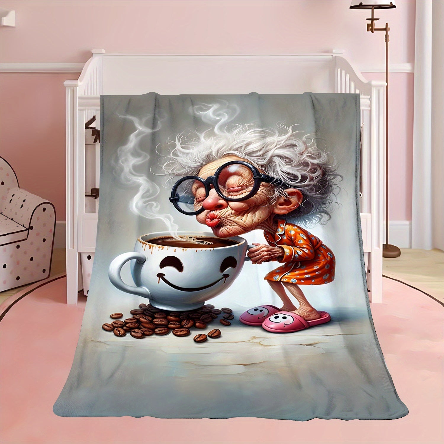 Cozy Flannel Blanket with Coffee Print Lightweight All-Season Knit Throw for Living Room Bed Decor