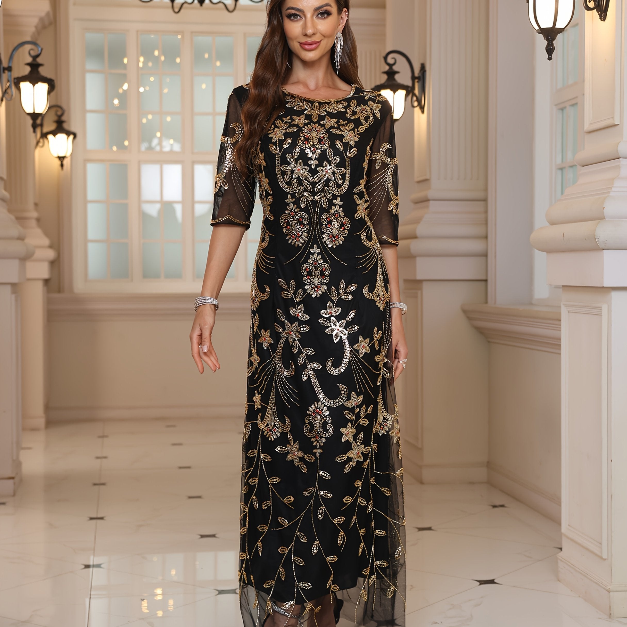 Women's Geometric Maxi Dress Black Gold Floral Formal Gown