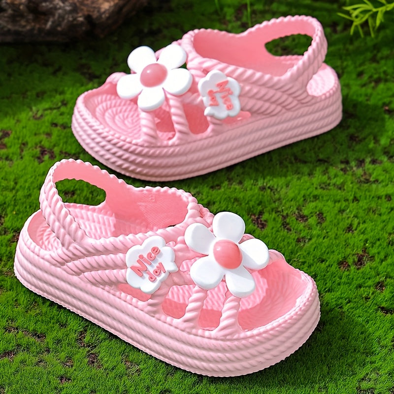 Sandalias rosas con adornos de flores para mujer con suelas de EVA antideslizantes para uso casual en verano