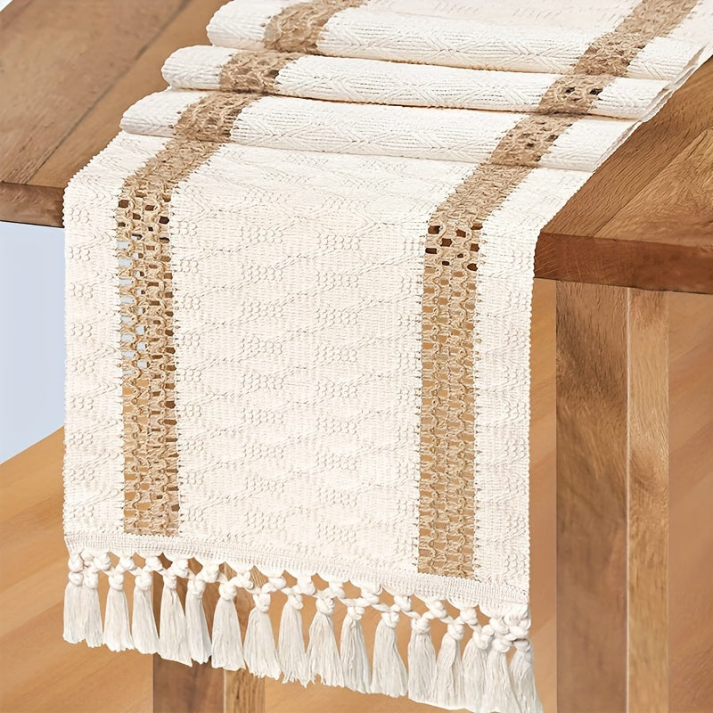 Boho Farmhouse Style Polyester Table Runner with Brown Macrame and Tassels for Holiday and Wedding Decor