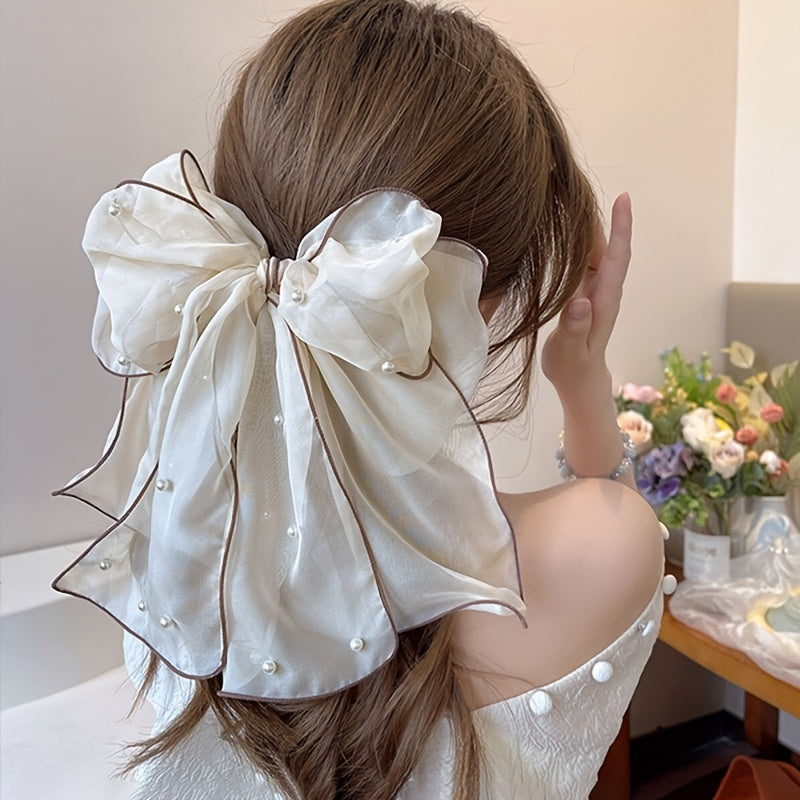Chiffon Bow Hairpin with Pearl Streamer for Women and Girls
