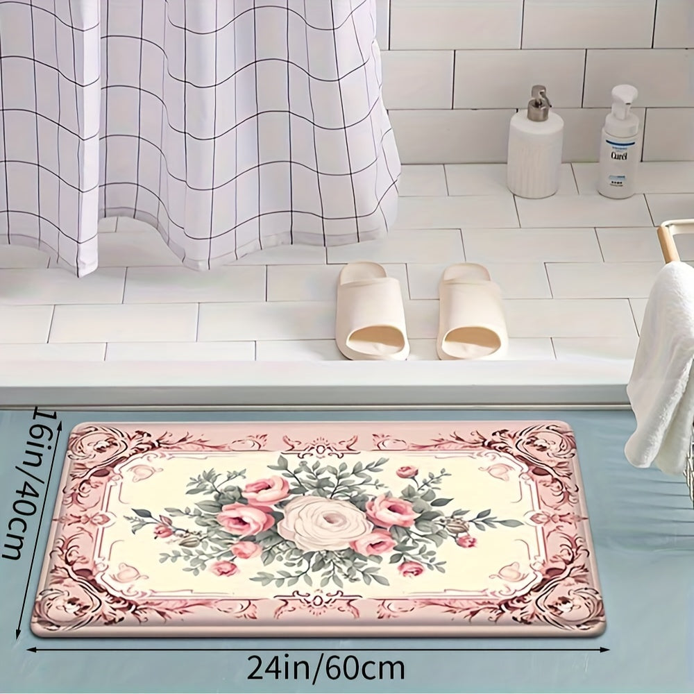 Alfombra absorbente de estilo campestre francés con motivos florales para cocina, baño y entrada, antideslizante, de poliéster
