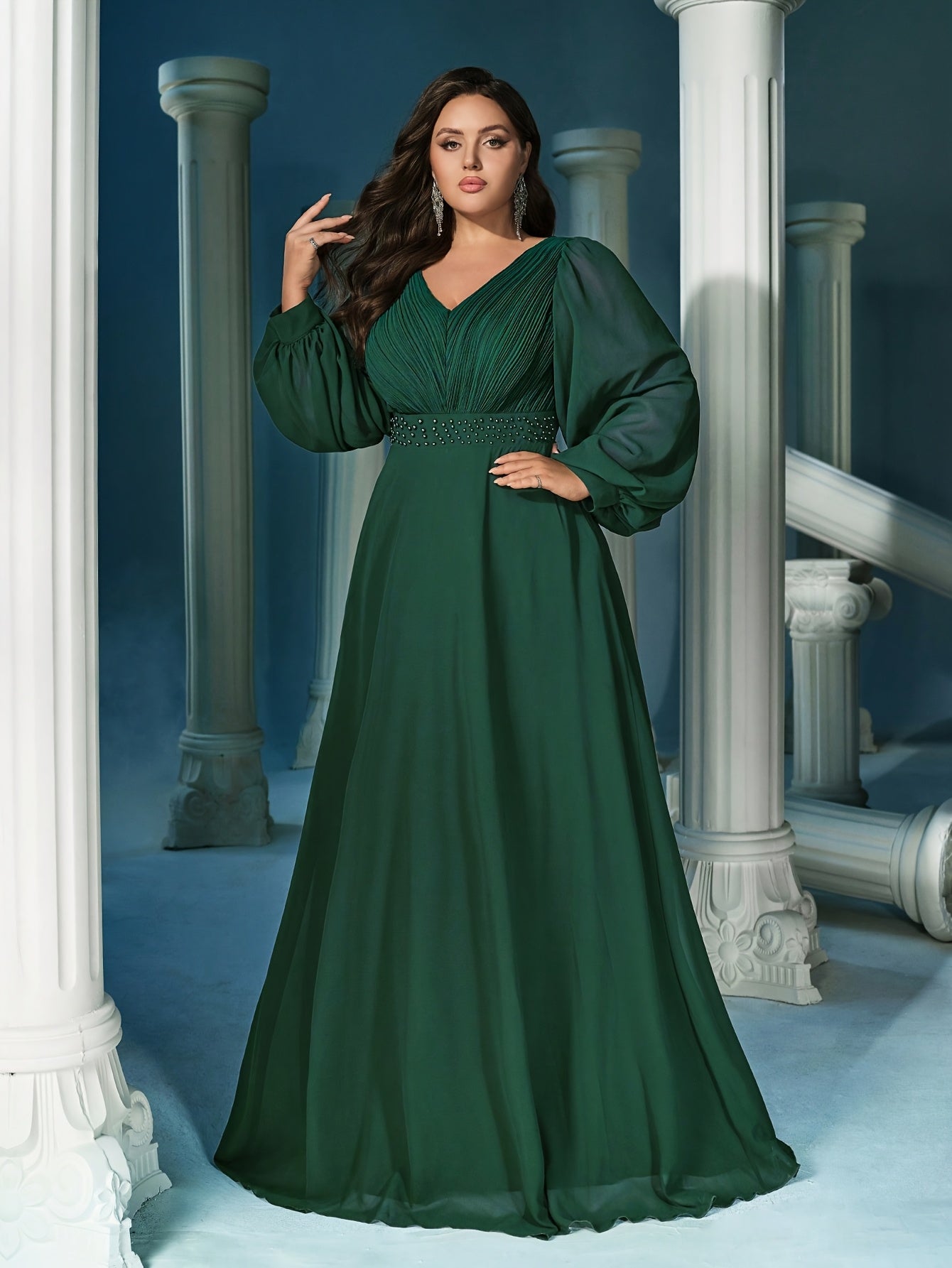 Women Emerald Green Rhinestone V-Neck Lantern Sleeve Evening Gown