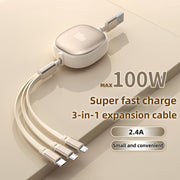 3-in-1 Retractable USB Charging Cable 100W Fast Charging Data Sync for iPhone Samsung Huawei