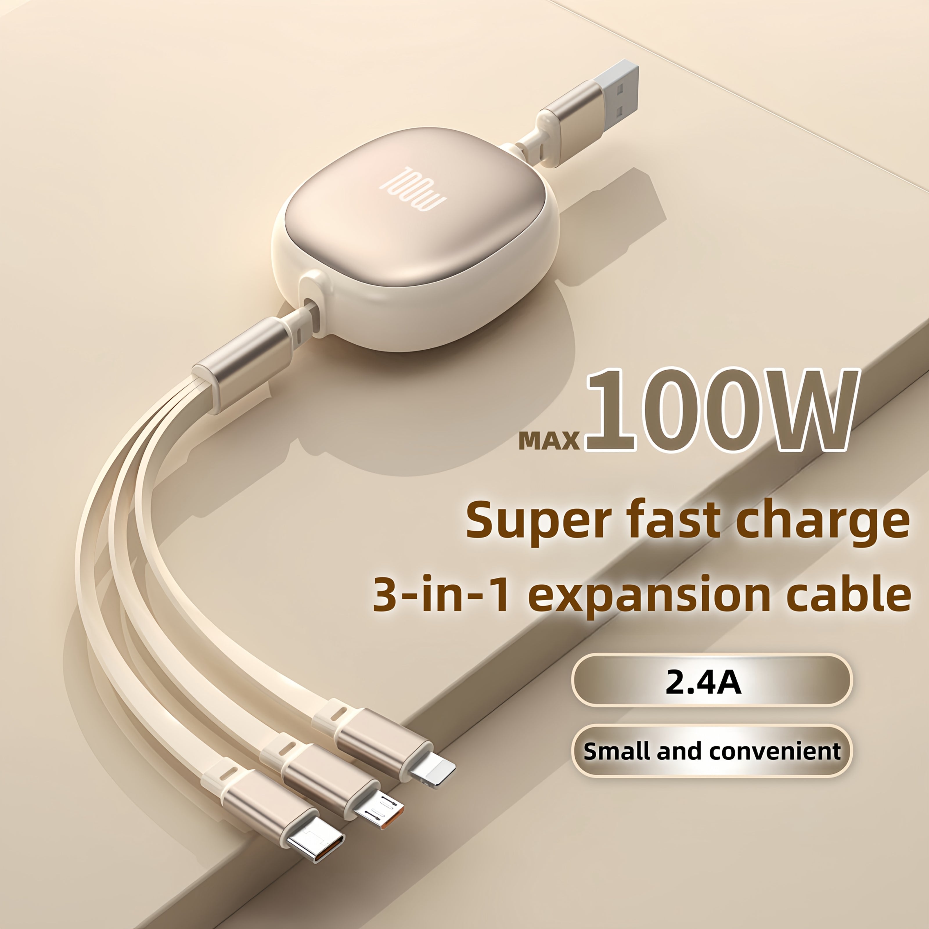 3-in-1 Retractable USB Charging Cable 100W Fast Charging Data Sync for iPhone Samsung Huawei