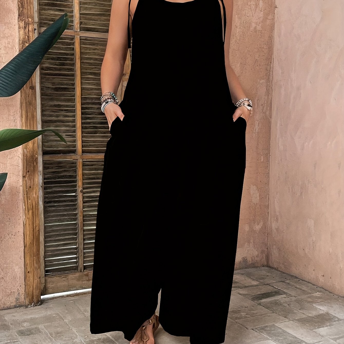 Women's Plus Size Sleeveless Wide-Leg Jumpsuit Polyester Solid Color